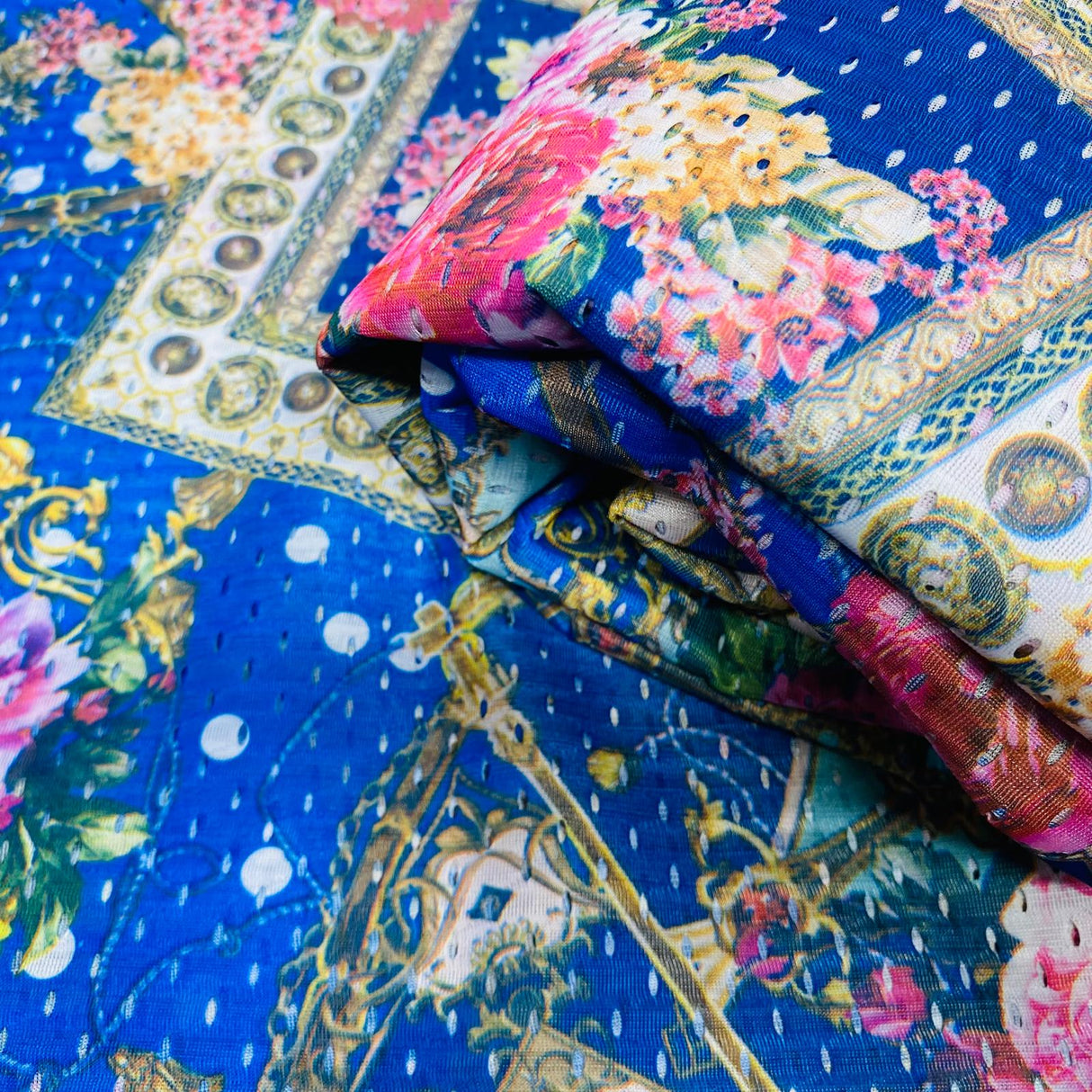 Pound A Metre 10 Metres 10 Metres Beautiful Printed Cut Out Crepe 55" Wide (Blue Design)