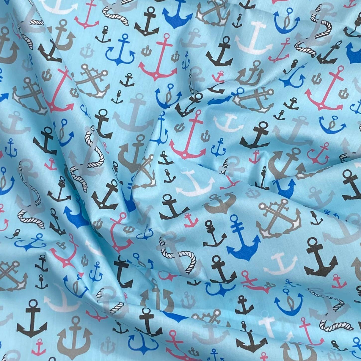 Pound A Metre 3 Metre 3 Metre Soft Printed Organic Cotton- 45" Wide (Anchors Blue)