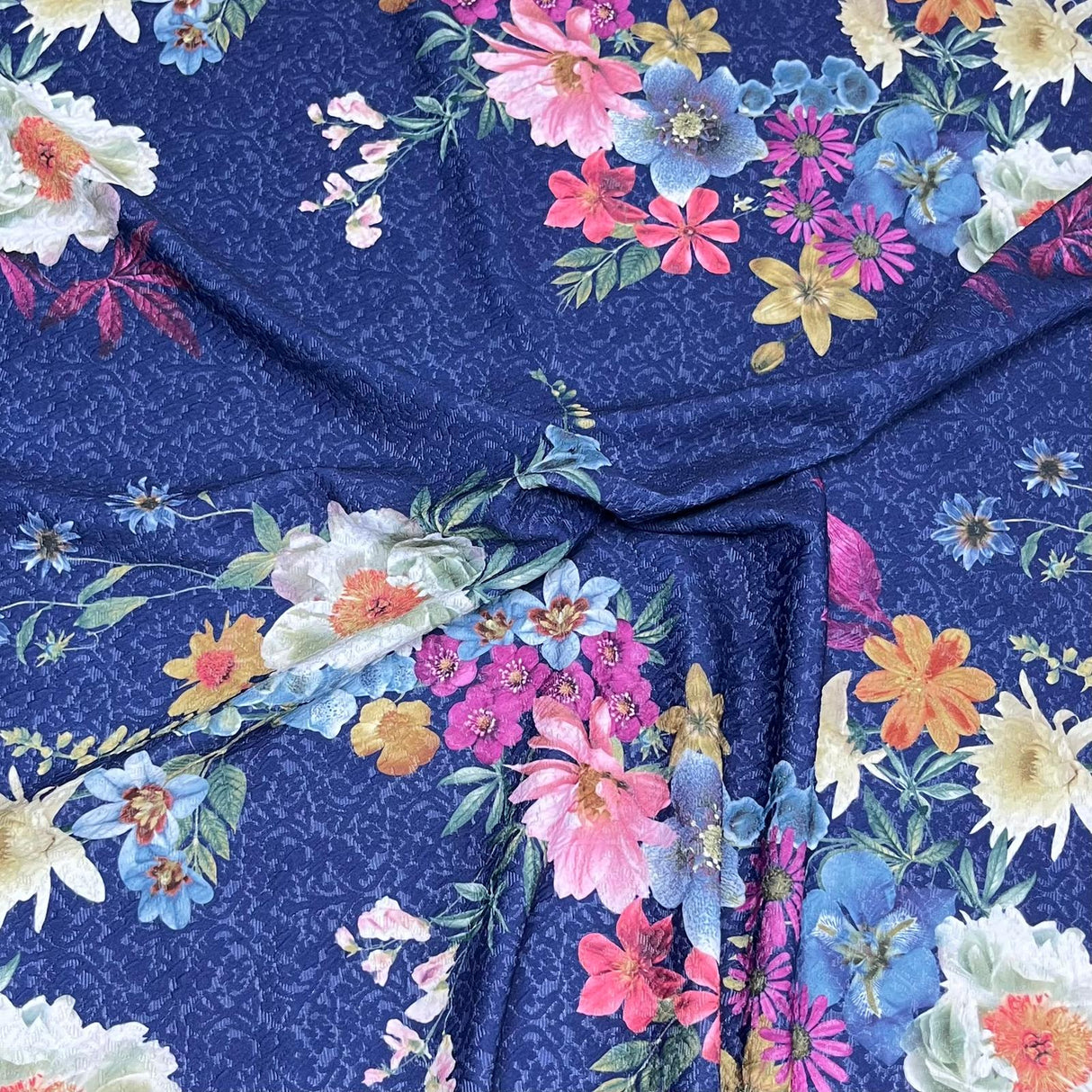 Pound A Metre 3 Metres Luxurious Printed Seersucker Jersey 55” Wide - (Navy) (S1J)