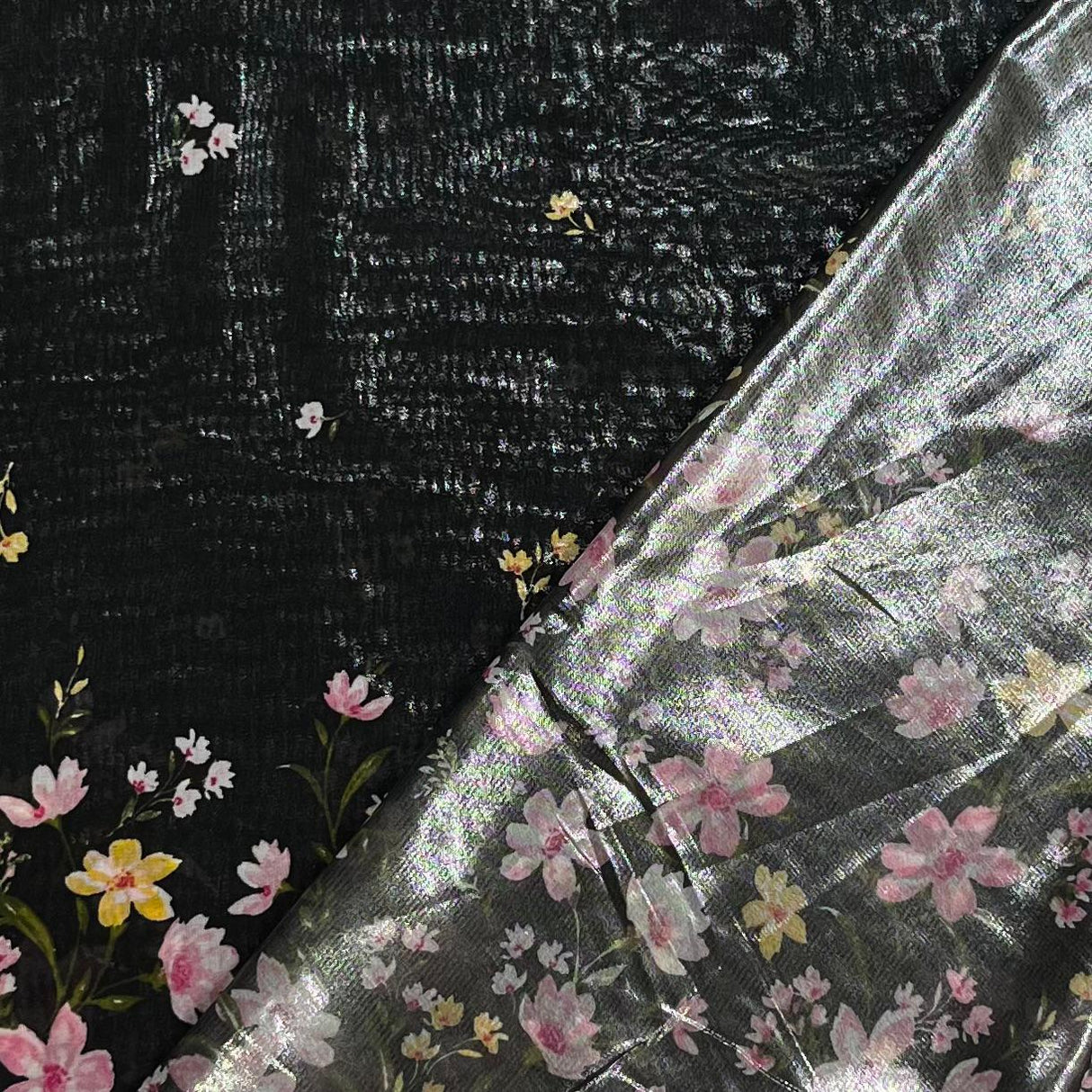Pound A Metre 3 Metres Luxury Double-Sided Chiffon Fabric – 55" Wide - (Black Garden)