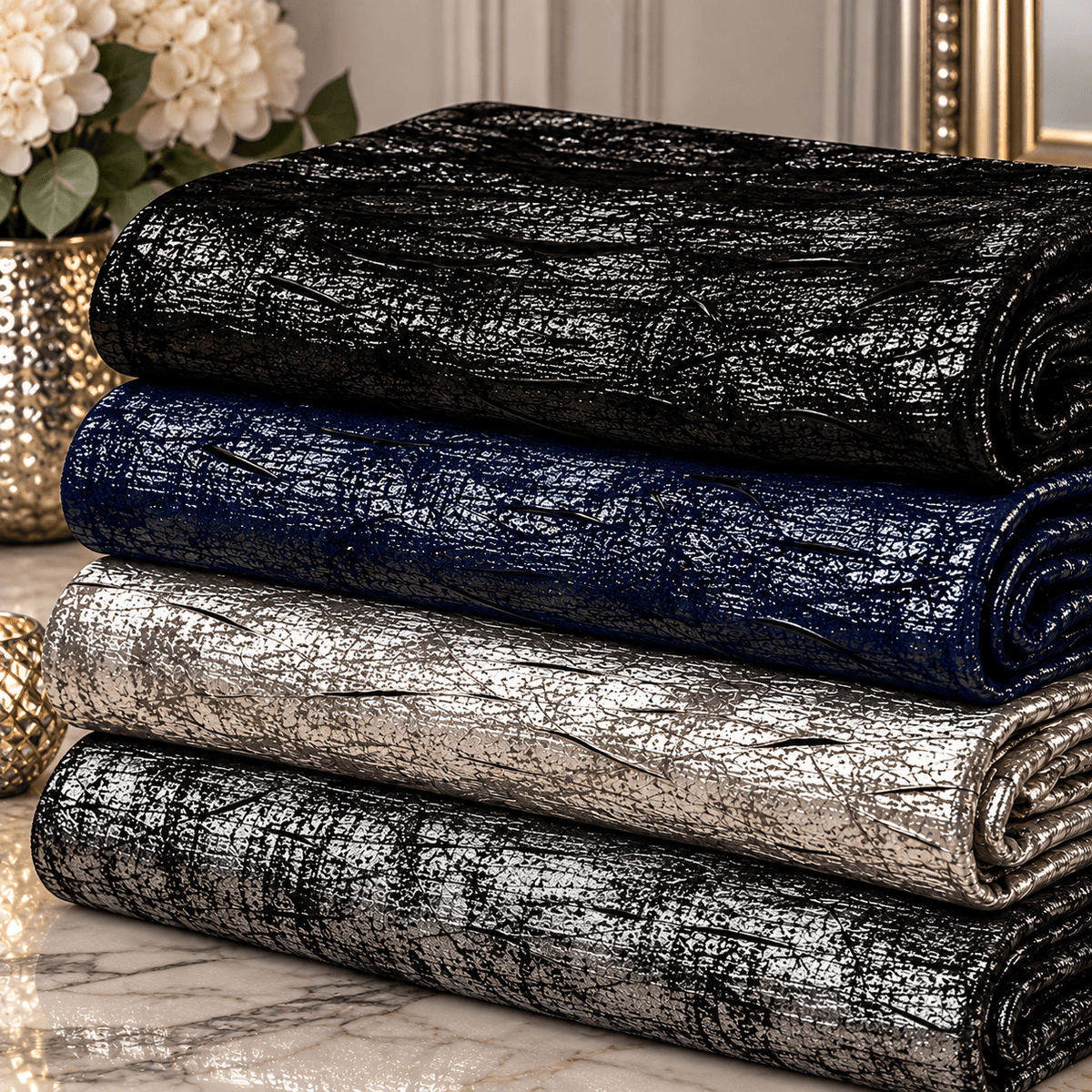 Pound A Metre 3 Metres Luxury Foil Viscose Fabric – 55'' Wide (Black & Gold)