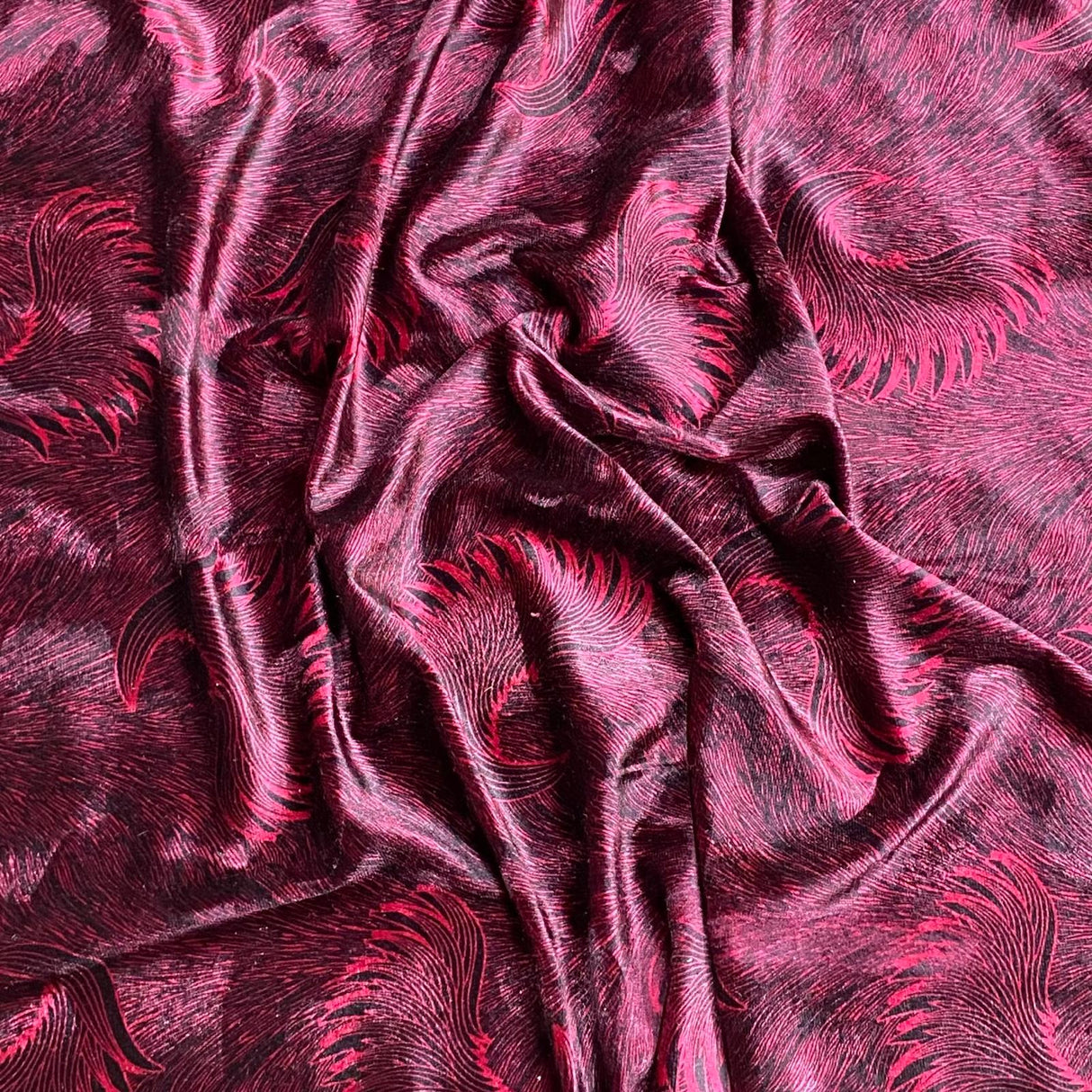Pound A Metre 3 Metres 3 Metres Premium Printed Spandex Velvet 55" Wide (Maroon Feather)