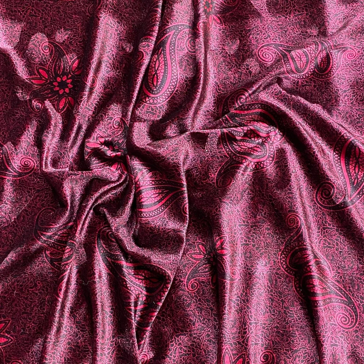 Pound A Metre 3 Metres 3 Metres Premium Printed Spandex Velvet 55" Wide (Maroon Paisley)