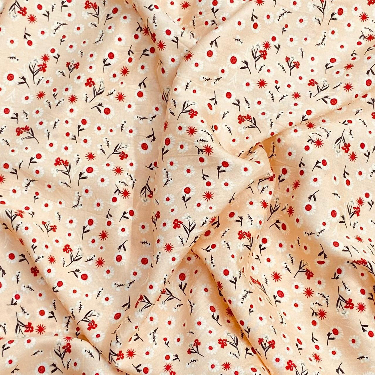 Pound A Metre 3 Metres, Premium Quality, Printed Dressmaking Viscose - 55" Wide (Beige & Red Floral)