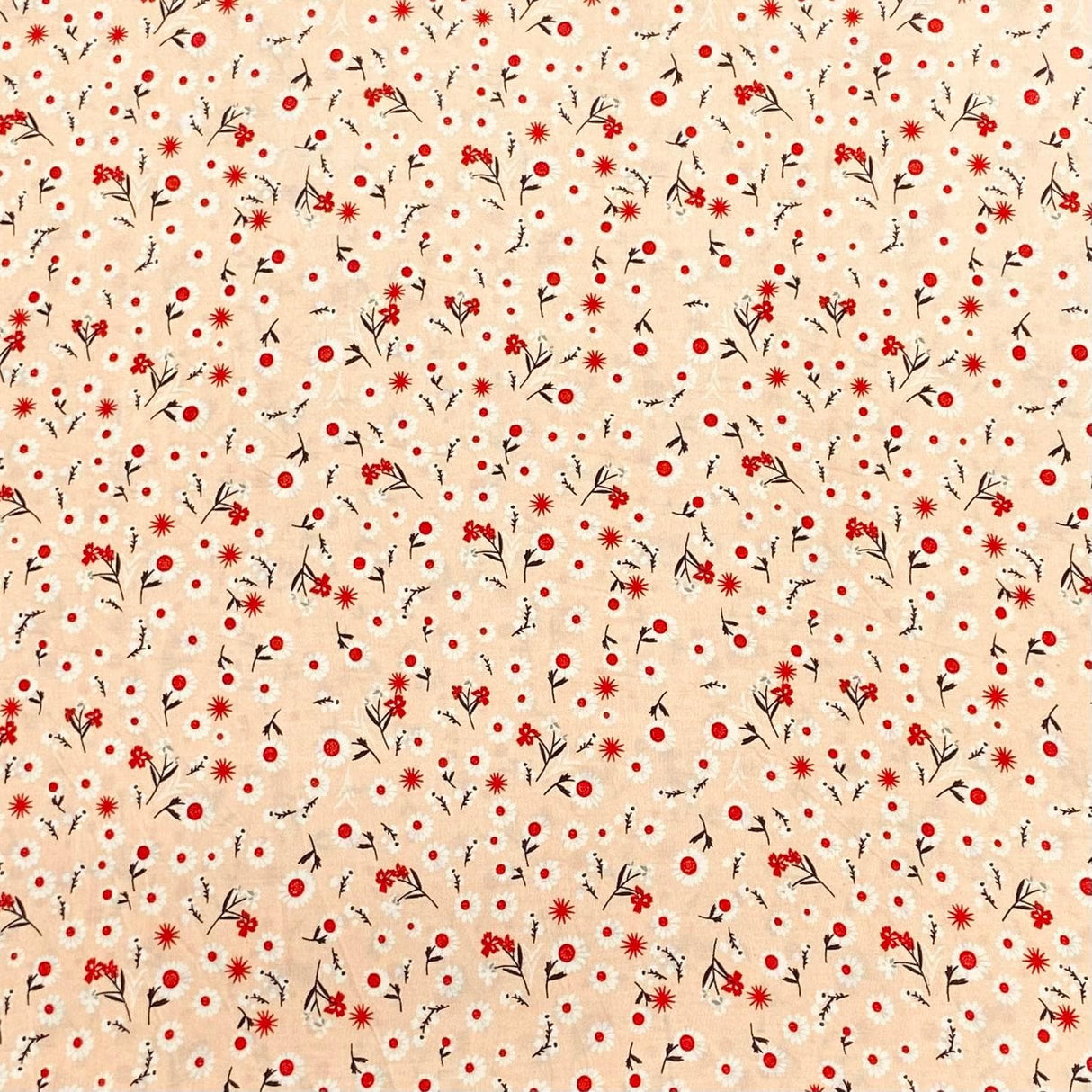 Pound A Metre 3 Metres, Premium Quality, Printed Dressmaking Viscose - 55" Wide (Beige & Red Floral)