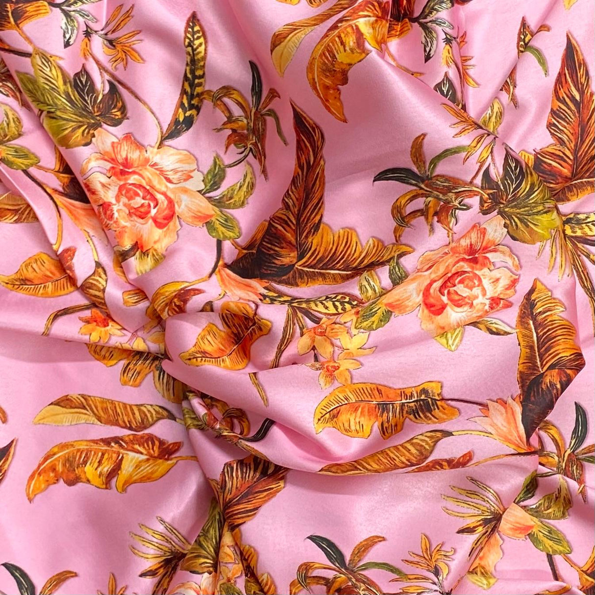 Pound A Metre 3 Metres Silky-Smooth Italian Printed Satin- 45" Wide (Pink Leafs)