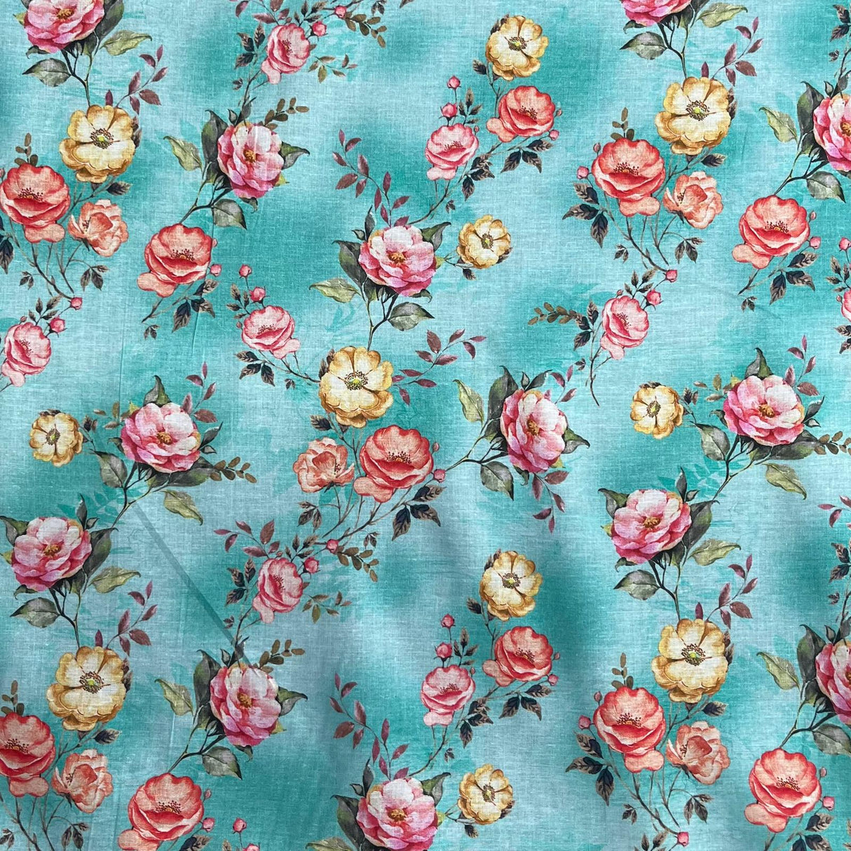 Pound A Metre Per Metre Luxury Dressmaking 100% Digital Printed Cotton Lawn- 55" (Turquoise Floral)