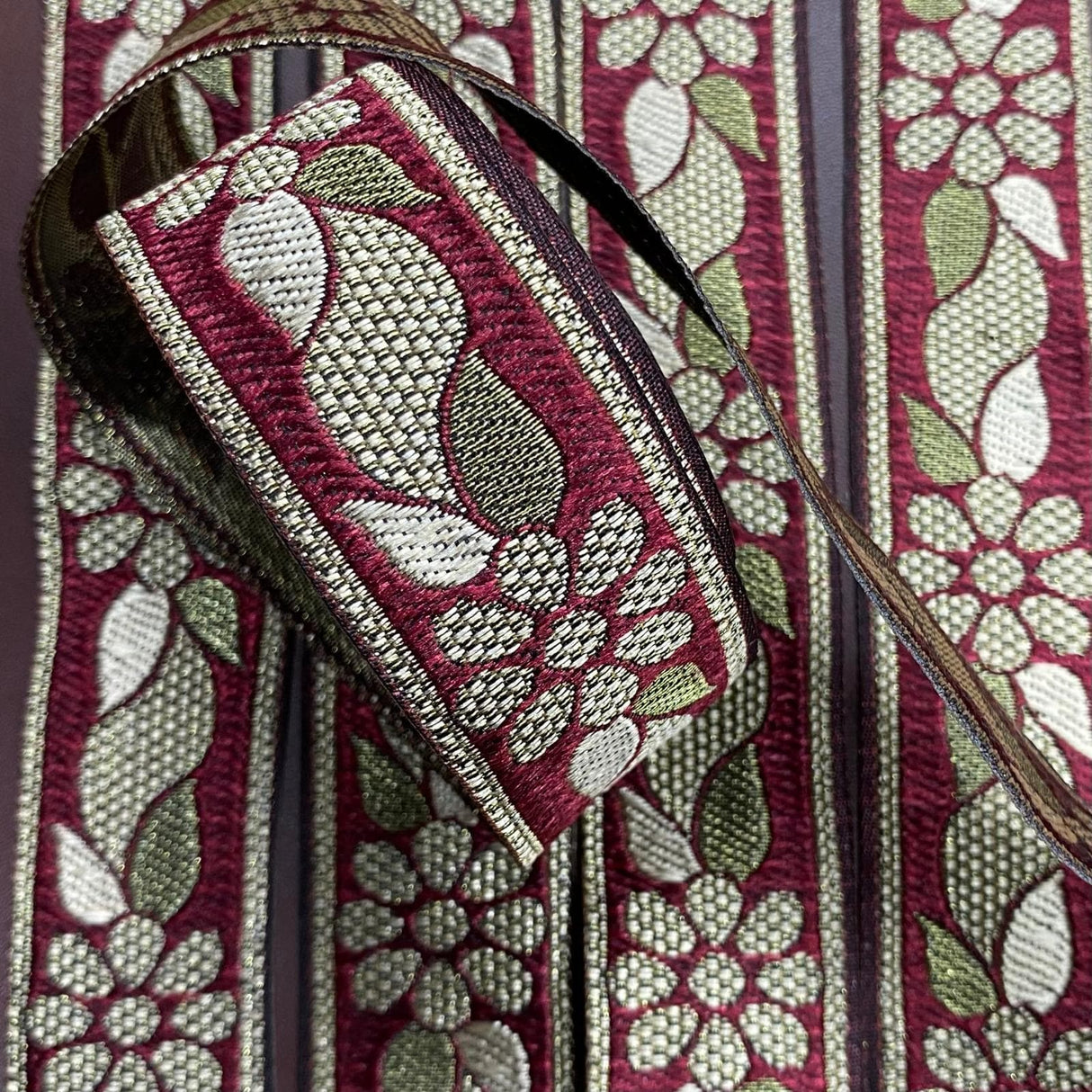 Pound A Metre Per Metre, Metallic Trimming, 25mm Wide (Maroon & Peach)