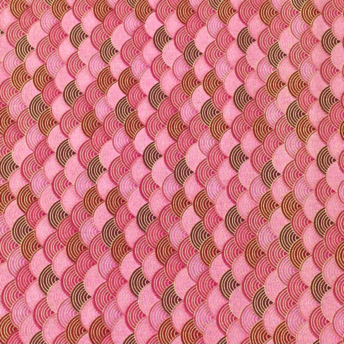 Pound A Metre Per Metre Per Metre Oriental Gold Foil Printed Cotton - 55" Wide (Pink Waves)