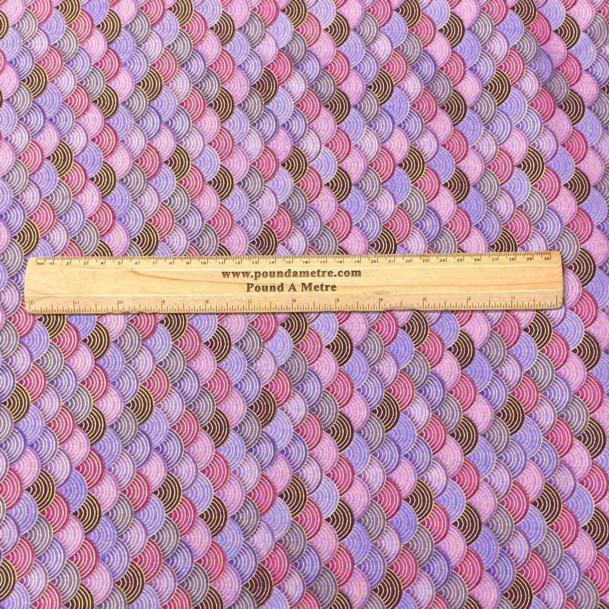 Pound A Metre Per Metre Per Metre Oriental Gold Foil Printed Cotton - 55" Wide (Purple Waves)