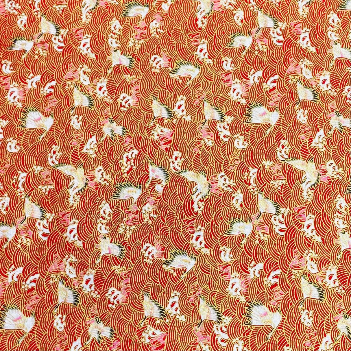 Pound A Metre Per Metre Per Metre Oriental Gold Foil Printed Cotton - 55" Wide (Red Swan)