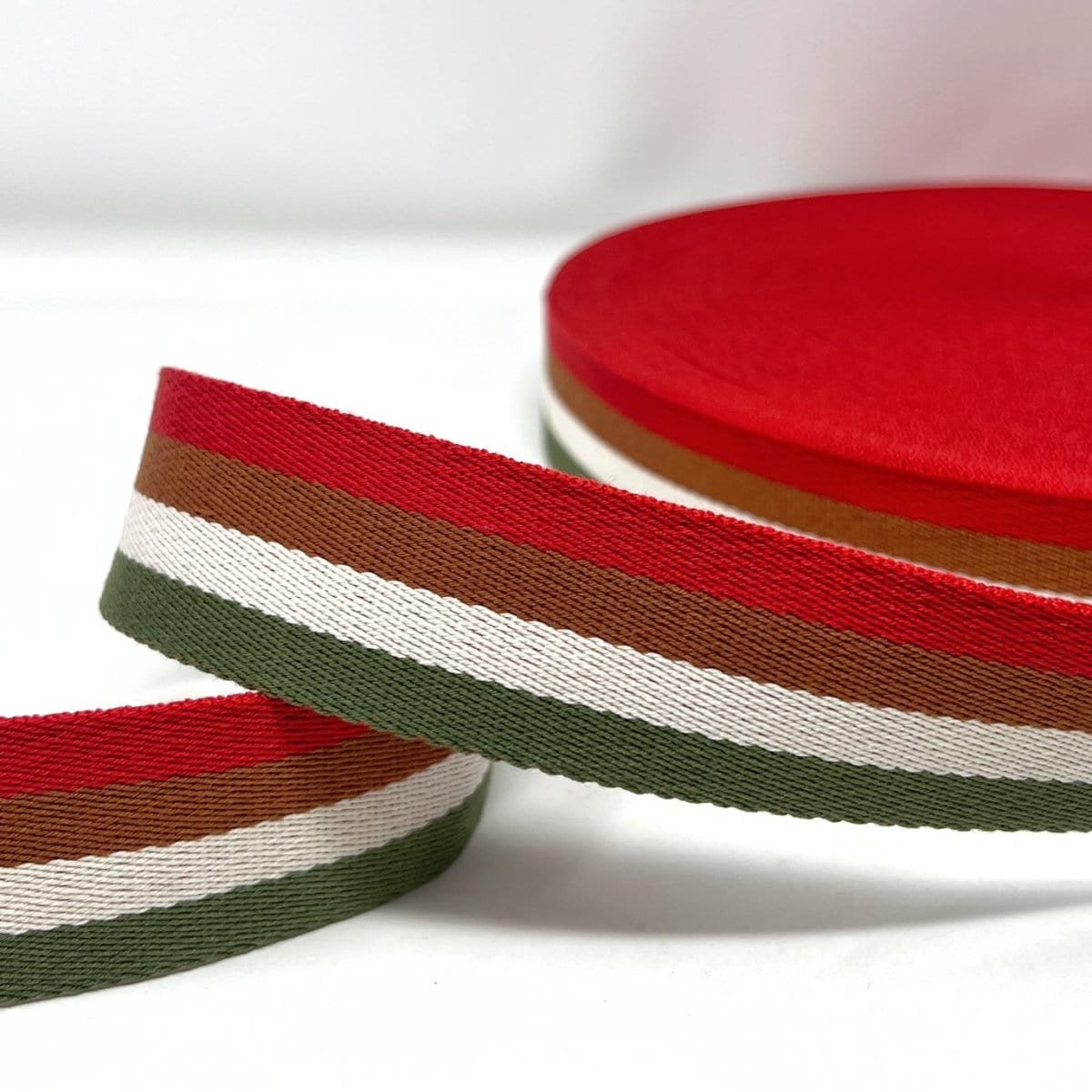 Pound A Metre Per Metre Stripe Webbing, 40mm - (Red, Naturals & Green)