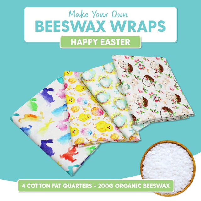 Pound A Metre Happy Easter Kit DIY Beeswax Wrap Kit- 4 Cotton Fat Quarters + 200g Beeswax (Happy Easter)