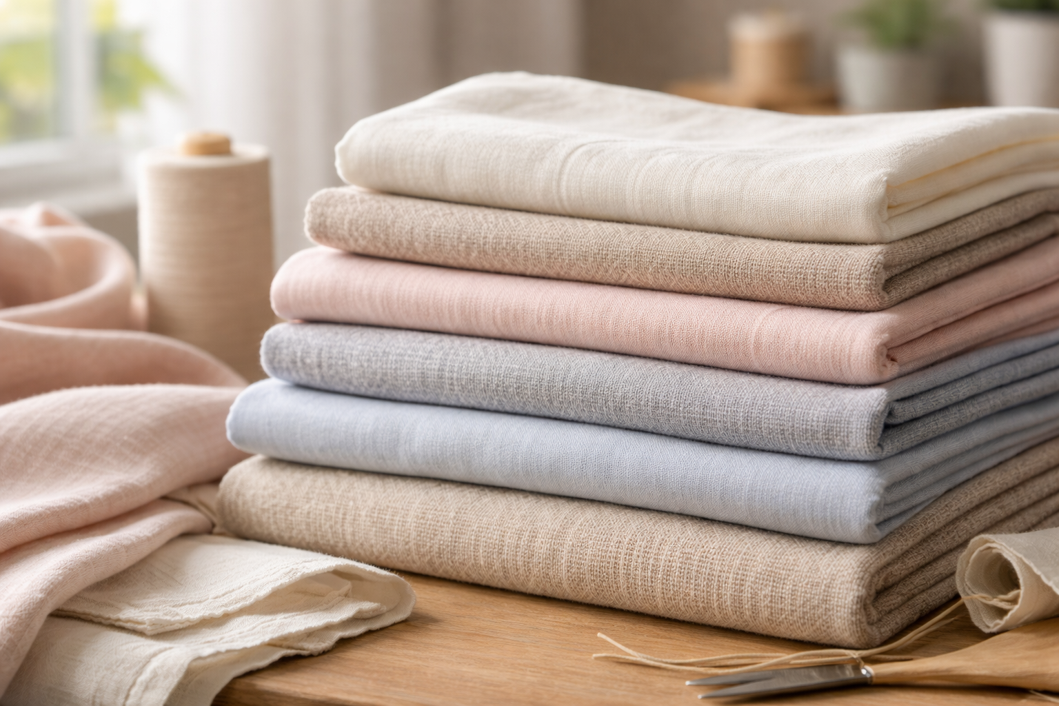 Neatly folded fabric layers in soft pastel and neutral tones displayed on a wooden sewing table, showing different textures and weaves in natural light.