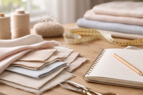 Fabric swatches, measuring tape and a notebook arranged on a wooden sewing table in soft natural light.