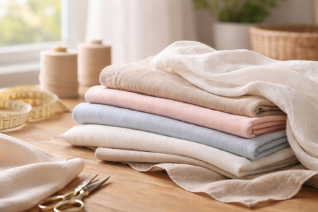 Lightweight summer fabrics in soft pastel and neutral tones folded on a wooden table in natural light.