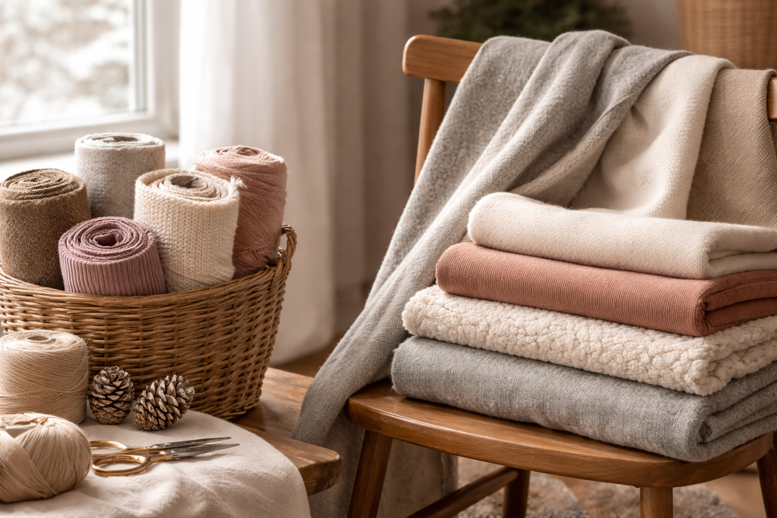 Winter fabrics including wool and fleece arranged in a cosy indoor sewing space with natural light.
