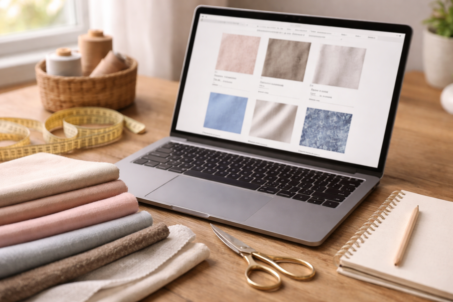 Fabric swatches and a measuring tape next to a laptop while browsing fabrics online.