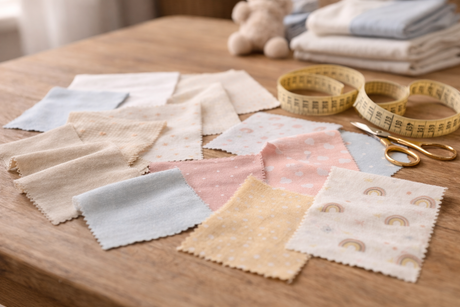 Soft fabric swatches for children’s clothing arranged on a wooden sewing table in natural light.