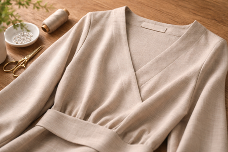 Neutral-toned garment laid flat to show fabric texture and drape in natural light.