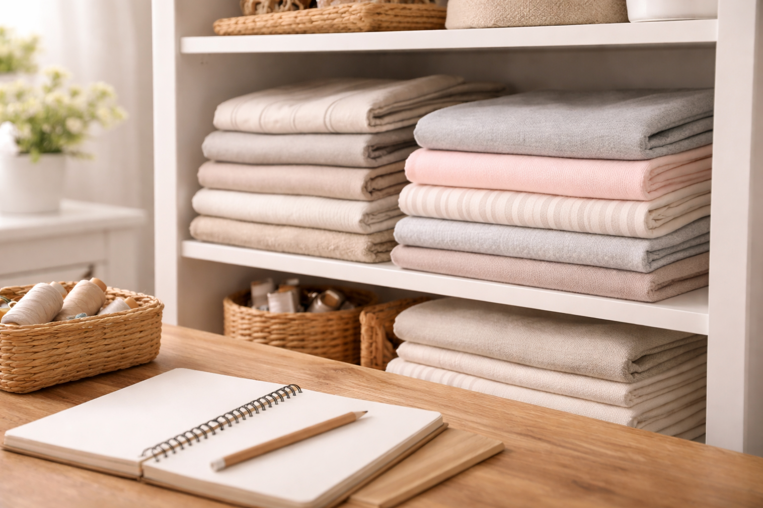 Organised fabric stash with folded fabrics and planning notebook in a bright sewing space.