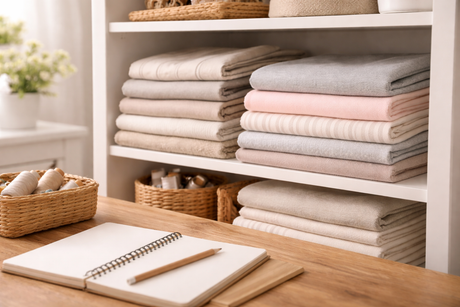 Organised fabric stash with folded fabrics and planning notebook in a bright sewing space.
