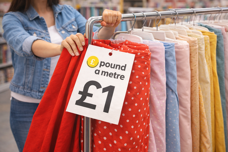 Female customer selecting cheap fabrics in the UK with £1 pound fabric price tag