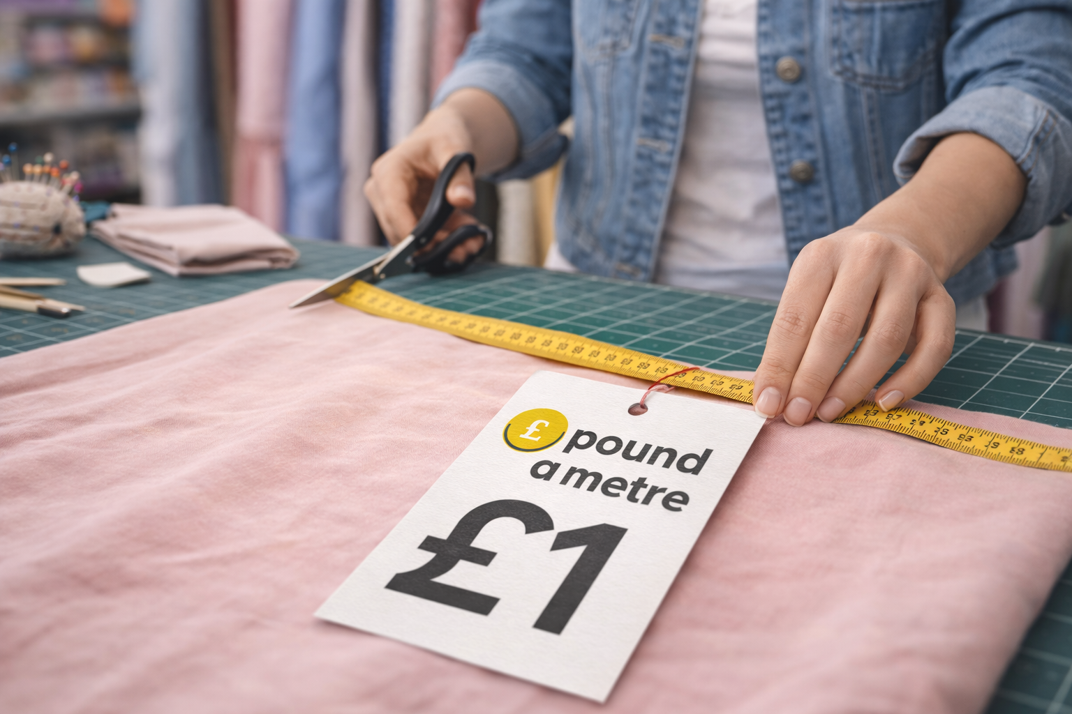 Female measuring cheap fabric by the metre with Pound a Metre £1 price tag
