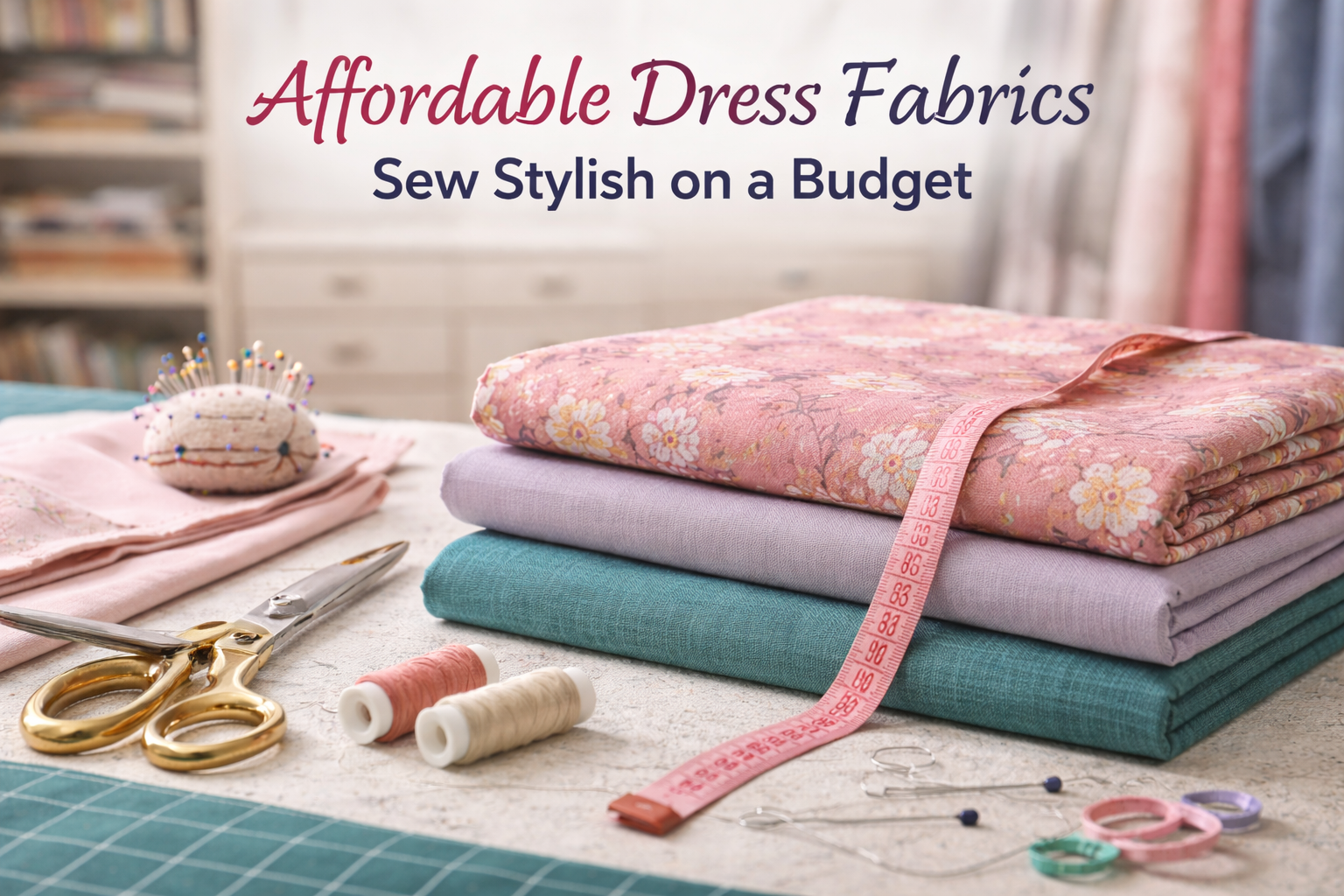Affordable dress fabrics laid out for sewing with measuring tape, scissors, and fabric tools