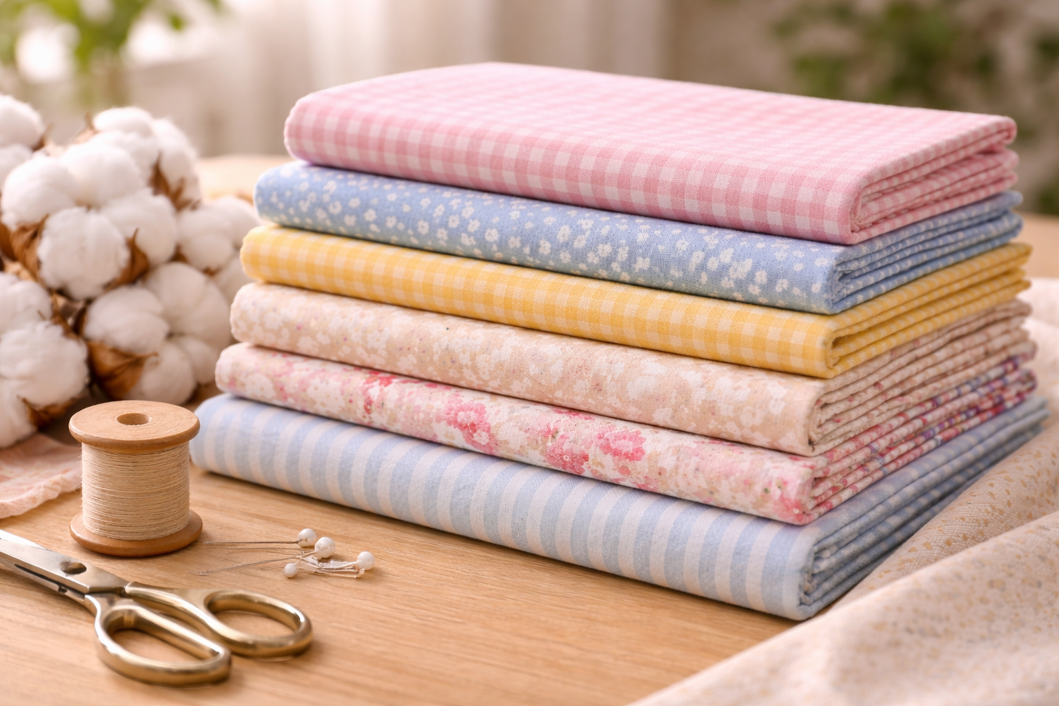 Stack of folded cotton fabrics in soft pastel colours on a wooden table in natural light, showing weave, texture, and everyday sewing suitability