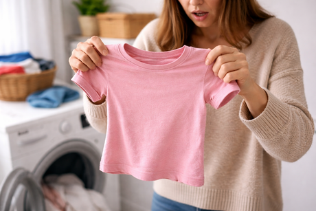 Woman holding a visibly shrunken T-shirt in a laundry room, inspecting the fabric size with concern after washing