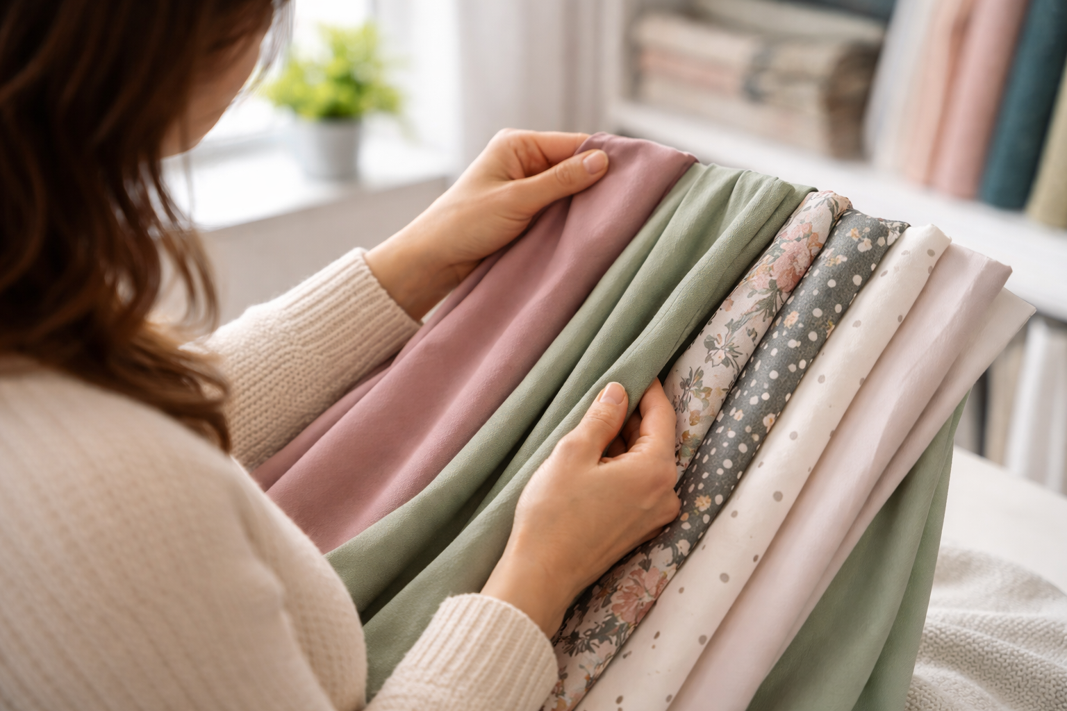 Woman holding and comparing dress fabric swatches in natural light, feeling texture and drape while choosing fabric for a sewing projec