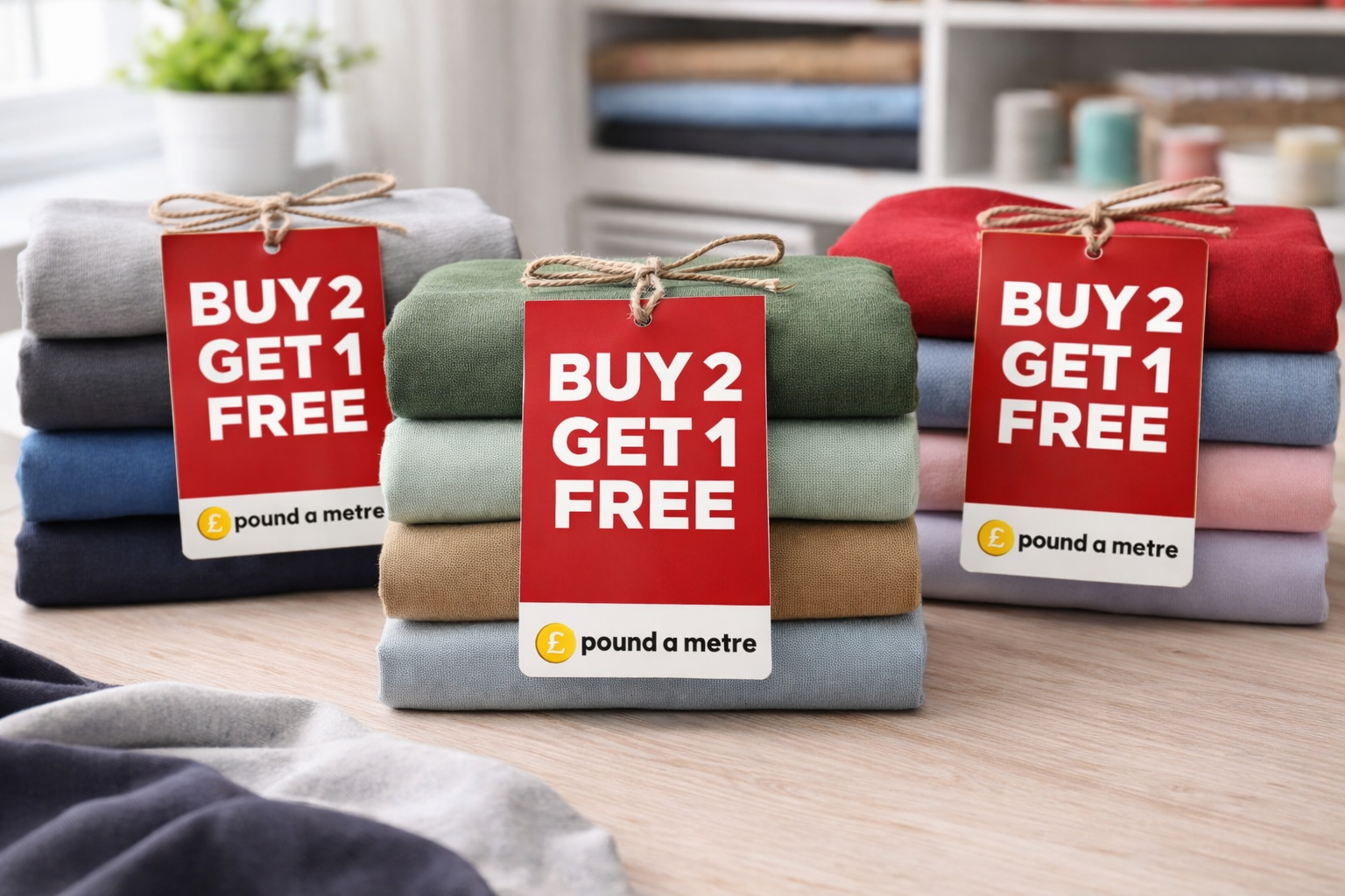 Stacks of folded sweatshirt fabrics displayed on a wooden table with Buy 2 Get 1 Free offer tags, showing a range of colours and textures for comfortable sewing projects