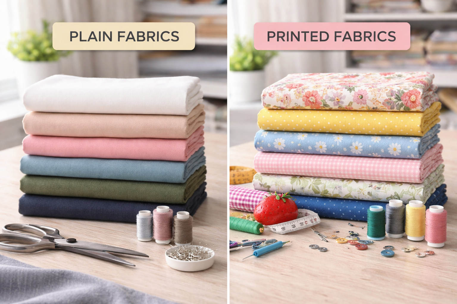 Side-by-side stacks of plain and printed fabrics laid on a wooden table in natural light, showing solid colours on one side and patterned fabrics on the other for sewing and craft projects