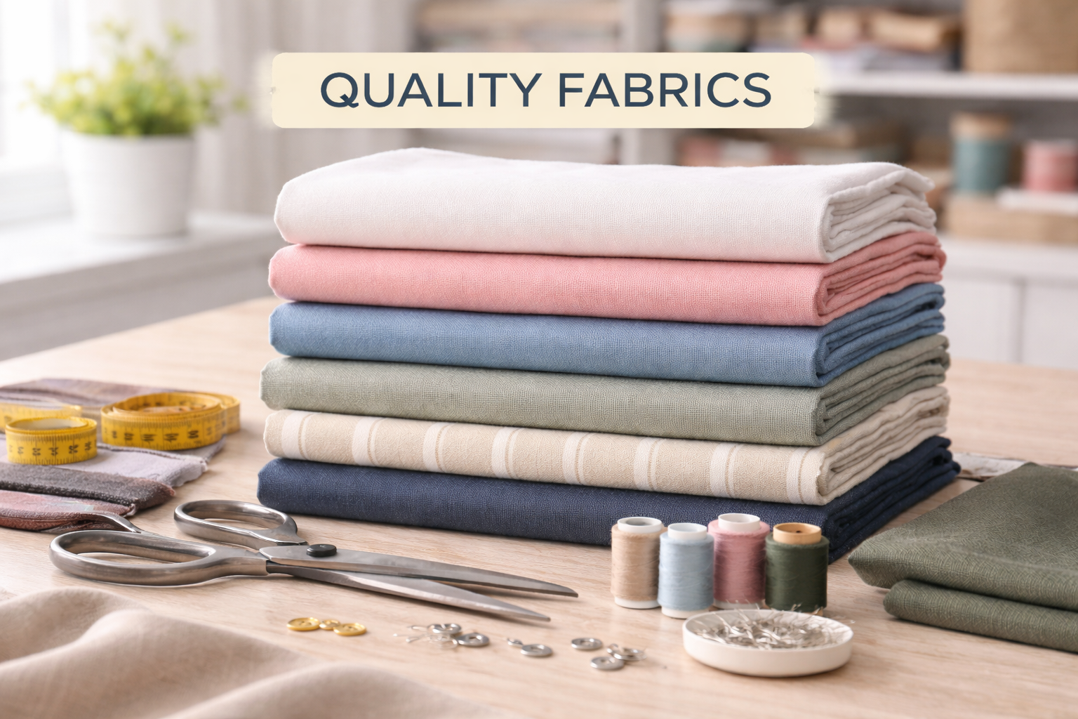 Stack of high-quality fabrics folded neatly on a wooden table in natural light, showing smooth texture, consistent weave, and premium finish with sewing tools nearby