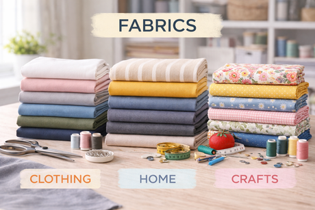 Stacks of folded fabrics arranged on a table with sewing tools, showing plain and printed fabrics suitable for clothing, home décor, and craft projects in a bright sewing space