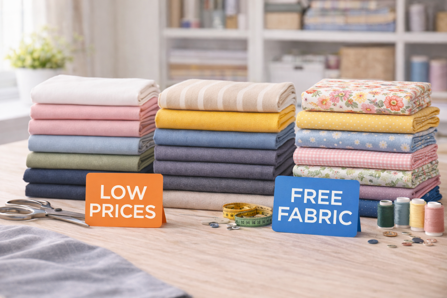 Stacks of folded fabrics in plain and printed designs on a wooden table, with sewing tools nearby, highlighting affordable fabric pricing and special free fabric offers in a bright sewing space