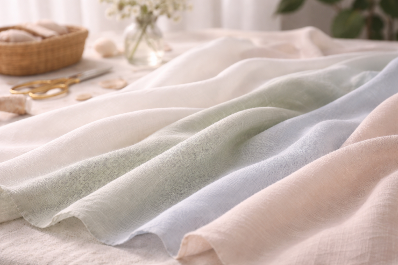 Breathable summer fabric laid flat in natural light showing lightweight texture and airflow