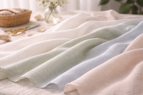 Breathable summer fabric laid flat in natural light showing lightweight texture and airflow