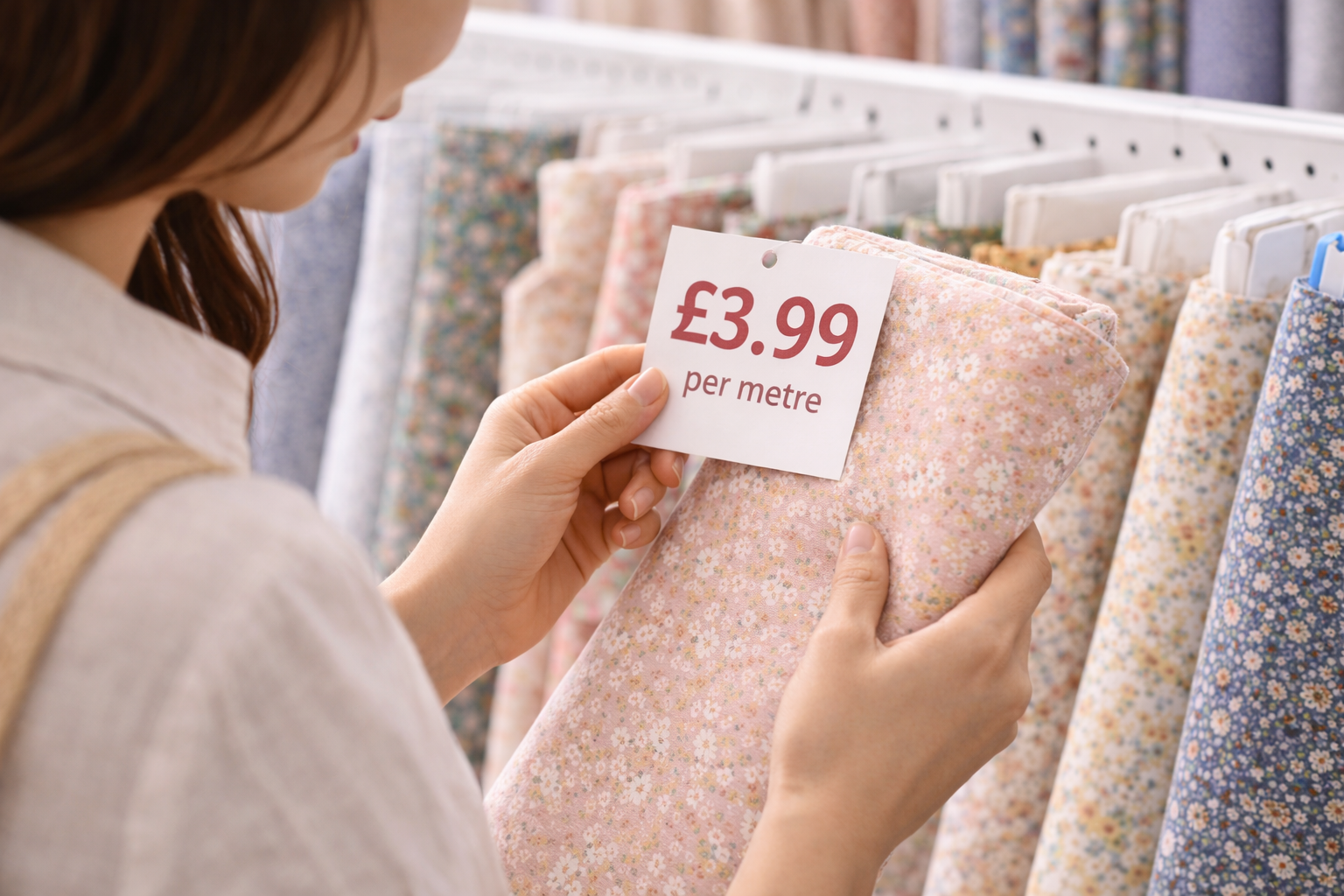 Hands holding fabric while examining a price tag in GBP (£) in a fabric shop, showing uncertainty about cost