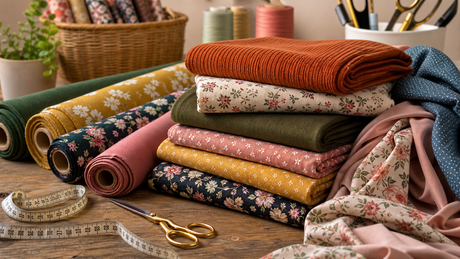 Affordable fabric bundles and sewing materials on a wooden table in the UK