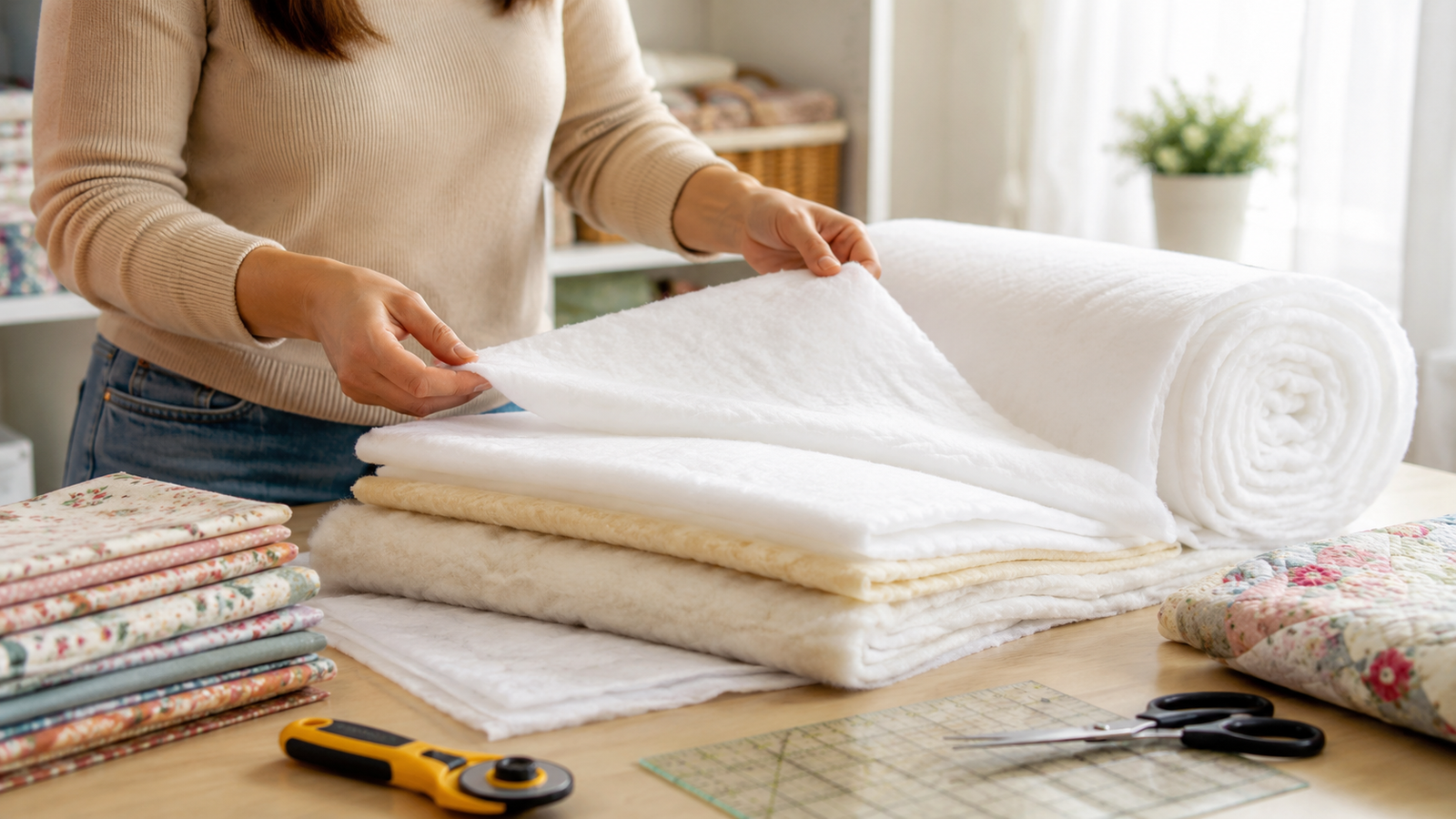 Woman selecting different types of wadding for quilting and sewing projects in the UK