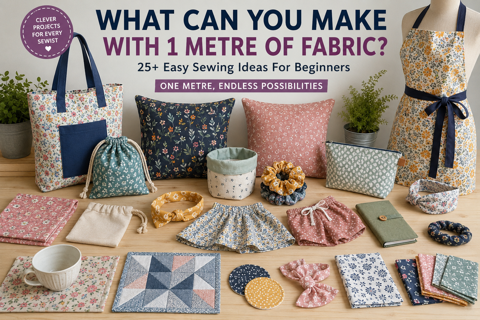 Various beginner sewing projects made from one metre of fabric including tote bags, cushion covers and clothing items.