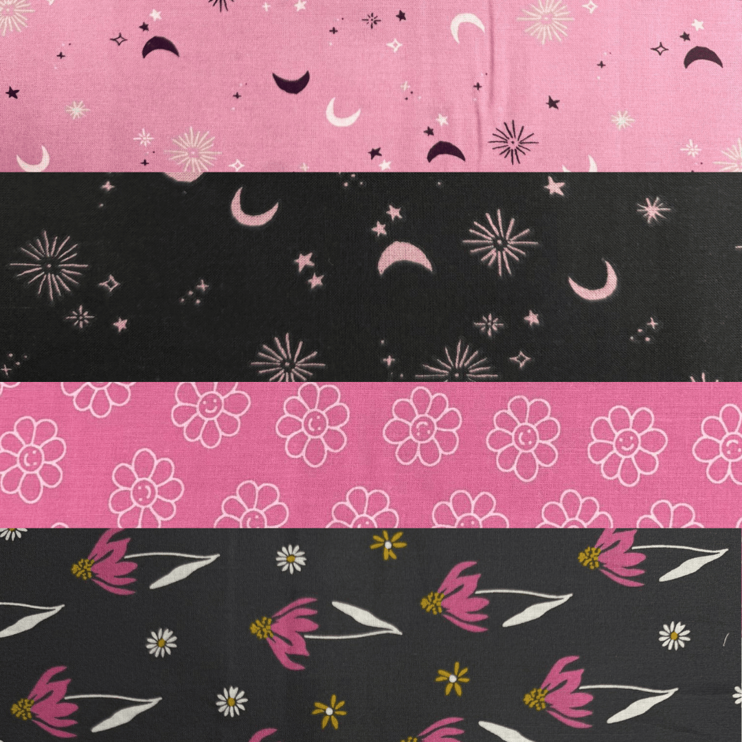 Pound A Metre 1 Metre Fat Quarter Bundle- 4 Pieces Per Bundle- (Black & Pink)