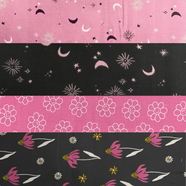 Pound A Metre 1 Metre Fat Quarter Bundle- 4 Pieces Per Bundle- (Black & Pink)