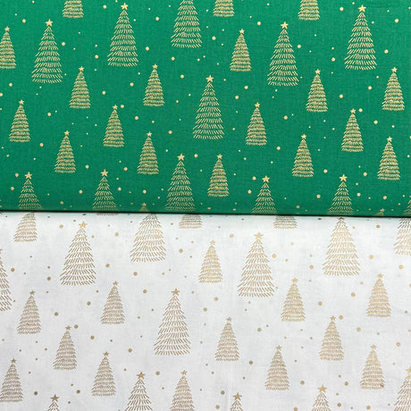 Pound A Metre 2 Piece Bundle Digitally Printed Gold Foil Christmas 100% Cotton- 45" Wide (Tree Bundle)