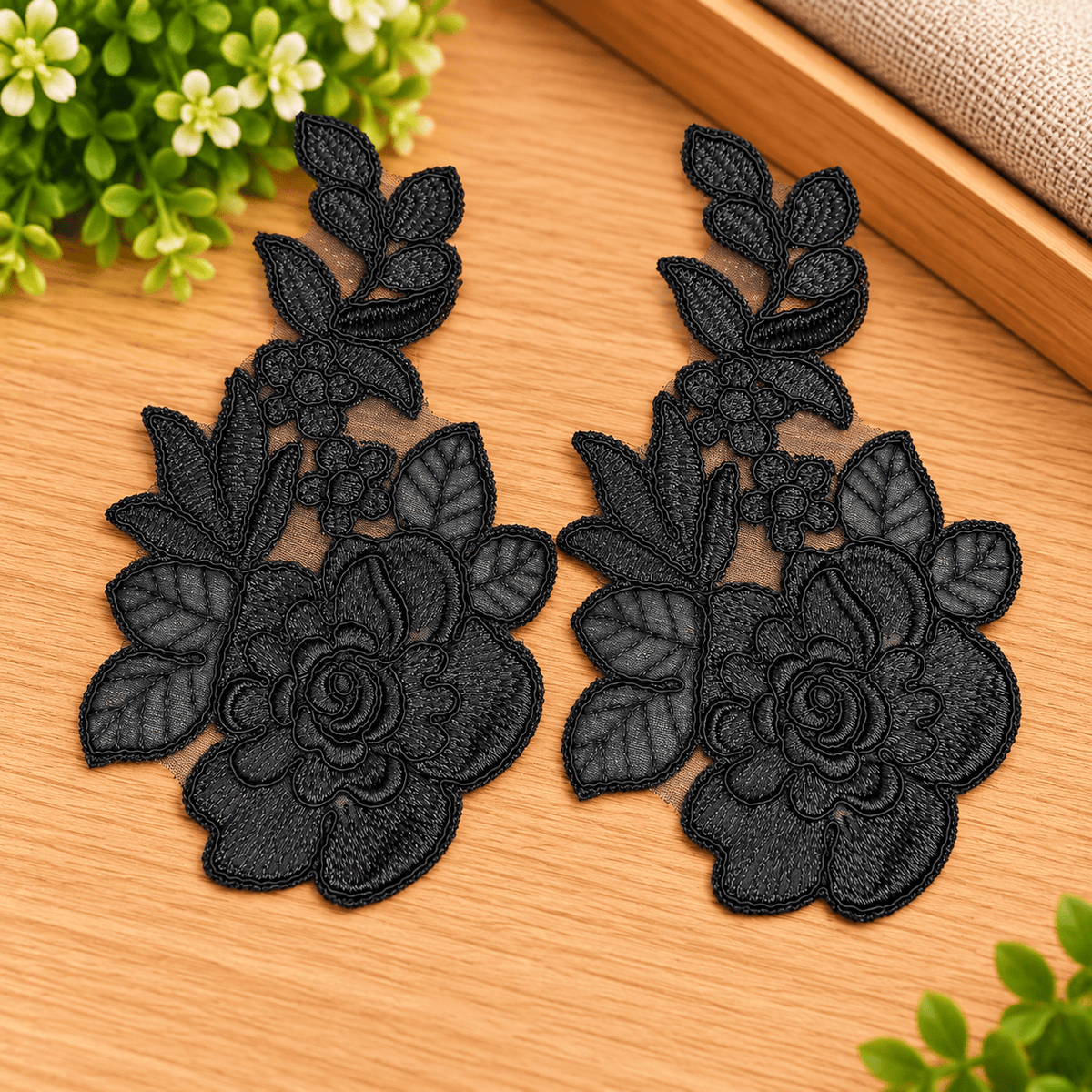 Pound A Metre 2 Pieces Luxury Black Floral Lace Embroidered Appliqué Patches – (Appliqué)