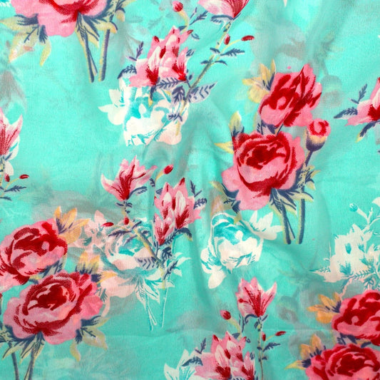 3 Metres Floral Printed Crepe Chiffon- 55" Wide (Turquoise Roses) - Pound A Metre