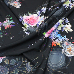 3 Metres Japanese Gold Foil Kimono Satin- 55" Wide (Black Floral) - Pound A Metre