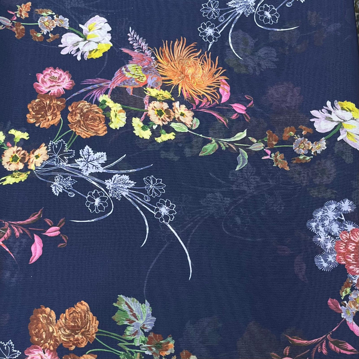Pound A Metre 3 Metres Luxurious Printed Crepe - 55" Wide (Navy Flowers)